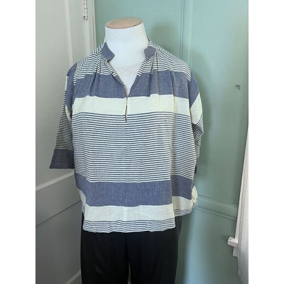 Apiece Apart Womens 0 Short Sleeve Boxy Top 100% Cotton Blue White Striped - Picture 1 of 9